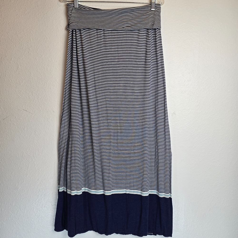 Max Studio Fold-Over Maxi Skirt Women's Large White Blue Striped Stretch Outdoor